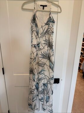 White House Black Market White Maxi Dress with Blue & Gray Leaf Print